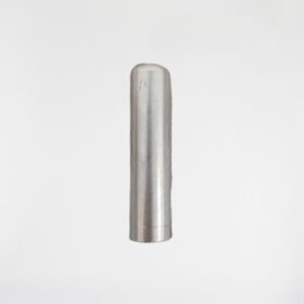 A small, shiny silver metal cylinder standing upright on a white background, rounded at the top.